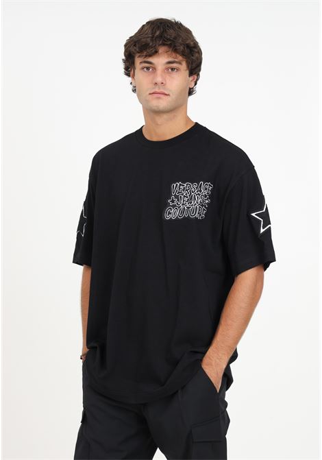 T-shirt nera agraffiti logata da uomo VERSACE JEANS COUTURE | T-shirt | 75GAH6O2J0005899