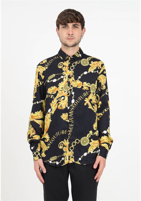 Black and gold shirt with chain couture print for men VERSACE JEANS COUTURE | Shirt | 75GAL2R0NS298G89