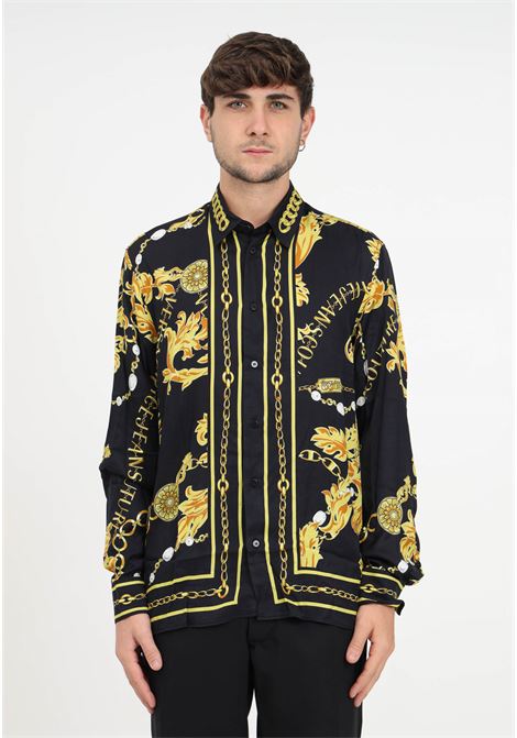 Camicia nera e gialla con fantasia Chain Couture da uomo VERSACE JEANS COUTURE | Camicie | 75GAL2RCNS315G89