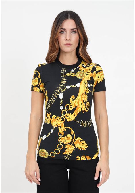 T-shirt nera con fantasia chain couture da donna VERSACE JEANS COUTURE | T-shirt | 75HAH608JS214G89
