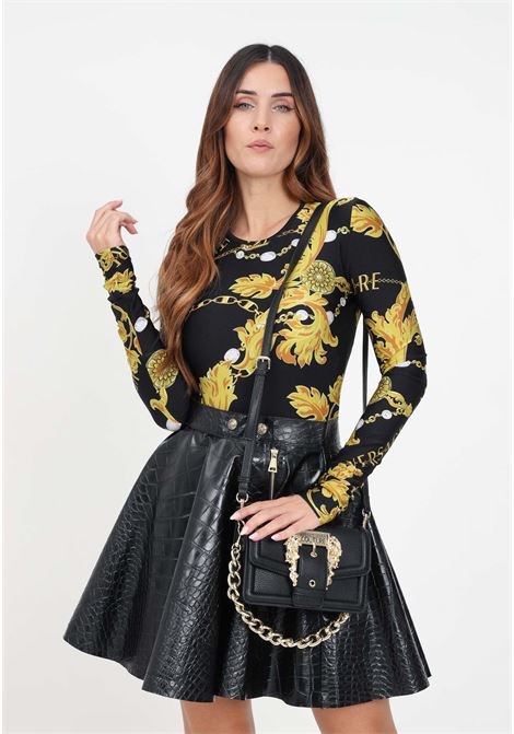 Body nero e giallo a maniche lunghe con stampa chain couture da donna VERSACE JEANS COUTURE | Body | 75HAM221JS203G89