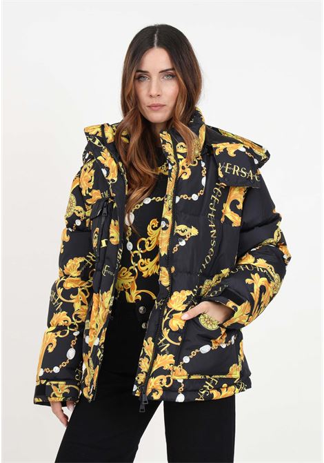Black down jacket with couture logo print for women VERSACE JEANS COUTURE | Jackets | 75HAU403CQS70G89