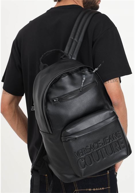 Black backpack with logo plaque in faux leather for men VERSACE JEANS COUTURE | Backpacks | 75YA4B70ZG128899