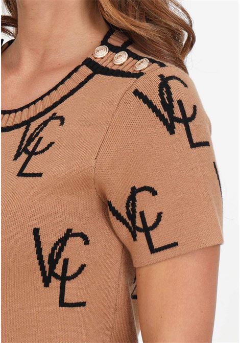 Camel and black dress with all-over logo and buttons for women VICOLO | Dresses | 22015RCAMMELLO/NERO