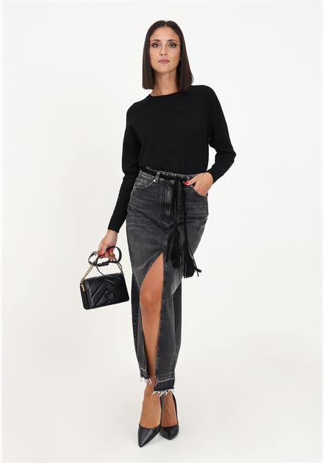 Women's black denim long skirt with matching belt VICOLO | Skirts | DR5069A DENIM NERO