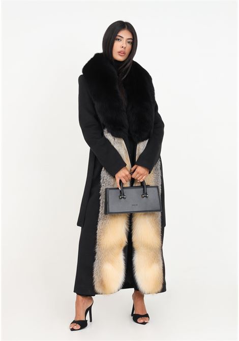 Cappotto nero lungo con pelliccia e cintura da donna YES LONDON | Cappotti | CD1158NERO/GOLDE
