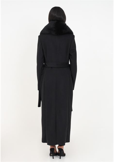 Long black coat with fur and belt for women YES LONDON | Coat | CD1158NERO/GOLDE