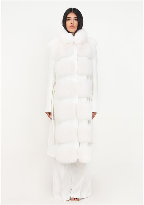 White coat with fur collar and big pockets for women YES LONDON | Coat | CD1164BIANCO/SHADOW