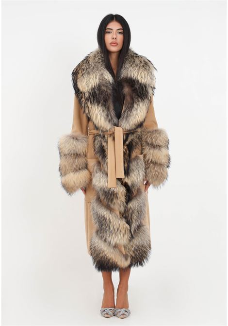 Brownish coat with fur inserts and women's belt YES LONDON | Coat | CD1165CAMMELLO