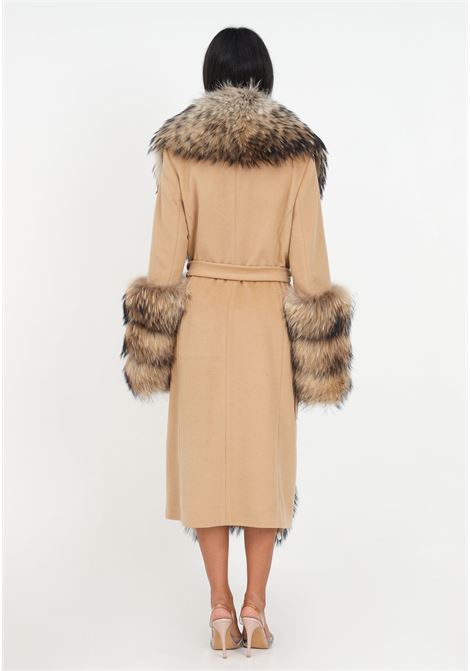 Brownish coat with fur inserts and women's belt YES LONDON | Coat | CD1165CAMMELLO