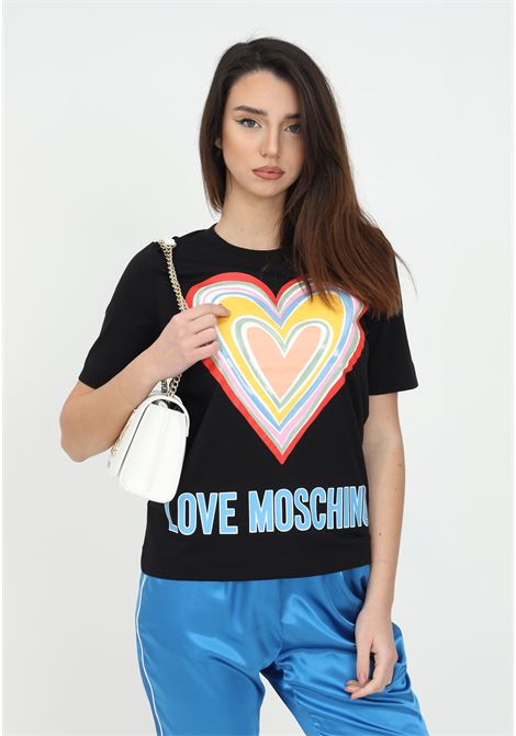 T-shirt nero da donna con maxi cuore e mini paillettes LOVE MOSCHINO | W4F153OM3876C74