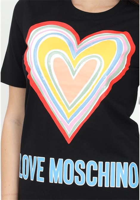 T-shirt nero da donna con maxi cuore e mini paillettes LOVE MOSCHINO | T-shirt | W4F153OM3876C74