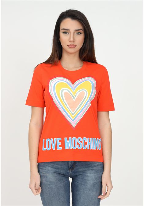 T-shirt arancio da donna con maxi cuore e mini paillettes LOVE MOSCHINO | W4F153OM3876J86