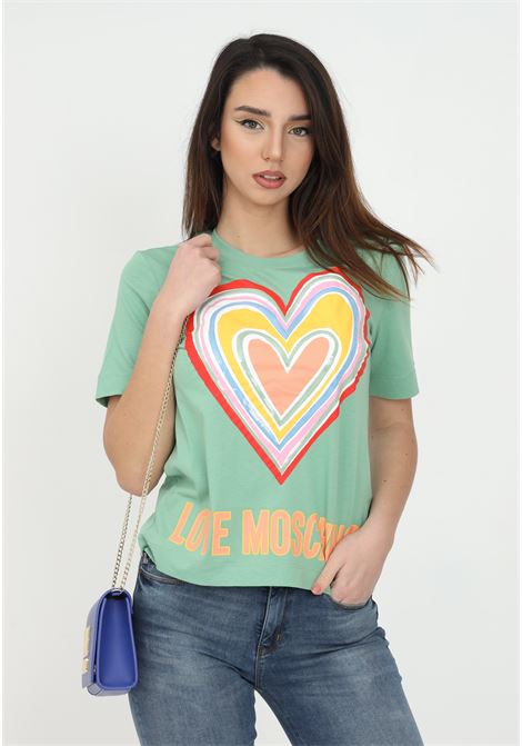T-shirt verde da donna con maxi cuore e mini paillettes LOVE MOSCHINO | W4F153OM3876R07