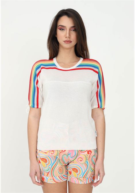 T-shirt da donna bianca con strisce colorate sulle maniche  LOVE MOSCHINO | WSF0510XA124A01