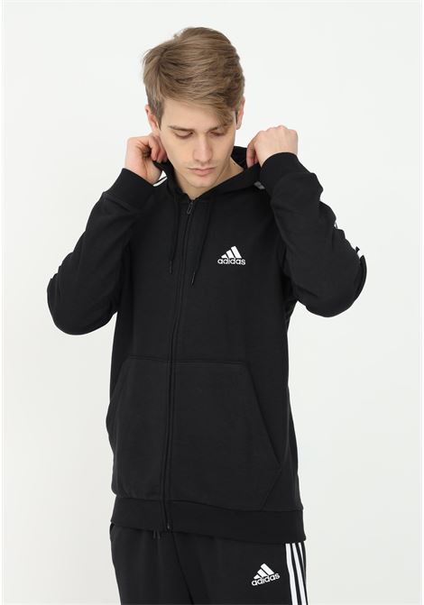 Essentials french terry 3-stripes full-zip black sweatshirt for men ADIDAS | GK9032.
