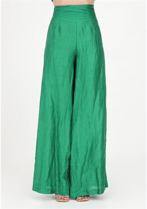 Pantalone casual verde da donna in lino a vita alta AKEP | Pantaloni | PTKD01113VERDE