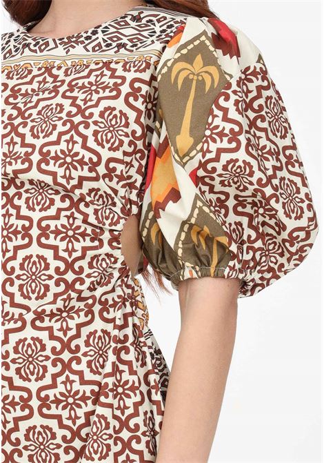 Women's beige short dress with patchwork print AKEP | VSKD01156.