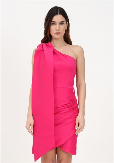 Short fuchsia dress for women with one-shoulder cut embellished with a bow ALMA SANCHEZ | Dress | ADELLE-TTFUCSIA