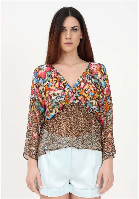 Beige women's blouse with multicolor butterflies and animalier pattern Blugirl | Blouse | RA3159T3079C3239