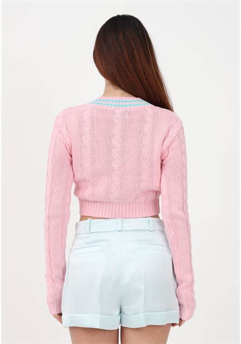 Pink crew-neck crop sweater for women with cable motif and logo patch CHIARA FERRAGNI | 74CBFM19CMH19439