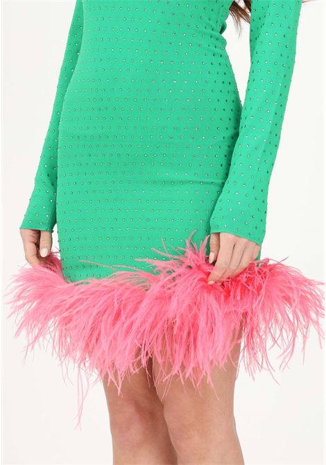 Short green dress for women with rhinestones and feathers with a Marabp effect CHIARA FERRAGNI | 74CBOM01CMH13144