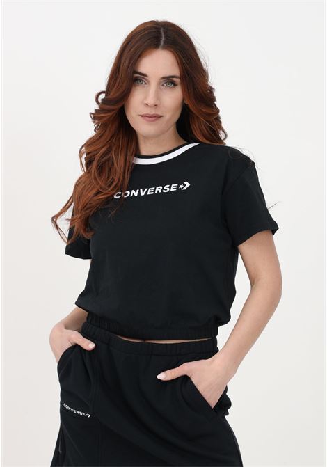 Casual black women's t-shirt with logo embroidery and contrasting crew neck CONVERSE | T-shirt | 10024771-A05BLACK