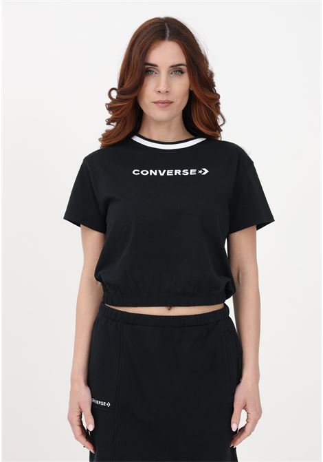 Casual black women's t-shirt with logo embroidery and contrasting crew neck CONVERSE | T-shirt | 10024771-A05BLACK