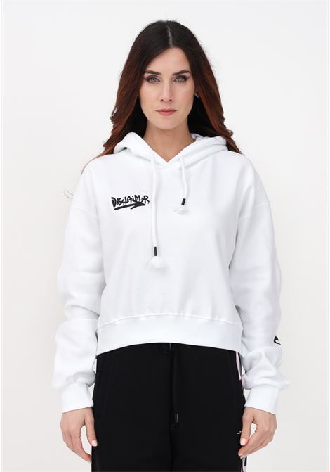 White crop sweatshirt for women with hood and maxi logo print on the back DISCLAIMER | 23EDS53522BIANCO-STAMPA ROSA
