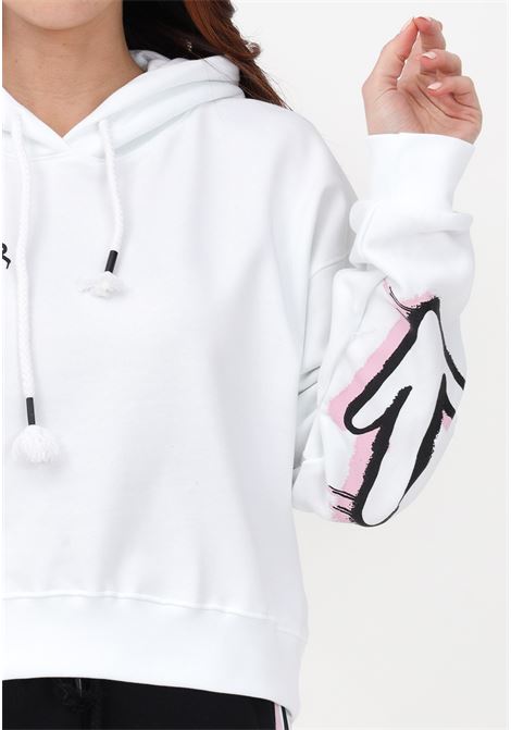 White crop sweatshirt for women with hood and maxi logo print on the back DISCLAIMER | 23EDS53522BIANCO-STAMPA ROSA