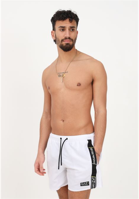 Shorts mare bianco da uomo con bande laterali logate EA7 | Beachwear | 9020003R73200010