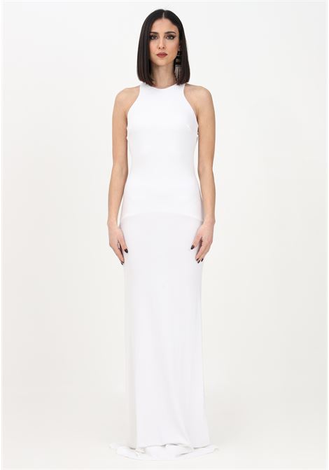 Women's long white dress with back neckline adorned with an accessory ELISABETTA FRANCHI | AB36332E2360
