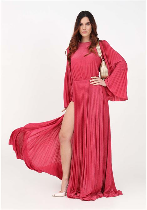 Long fuchsia dress for women in lurex jersey with long pleated sleeves ELISABETTA FRANCHI | AB44232E2560