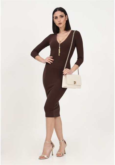 Women's brown midi dress with V-neck and necklace ELISABETTA FRANCHI | AM71S31E2D88
