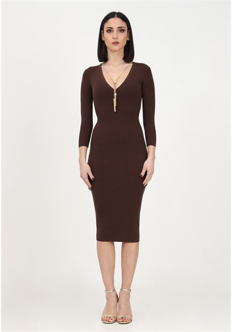 Women's brown midi dress with V-neck and necklace ELISABETTA FRANCHI | AM71S31E2D88