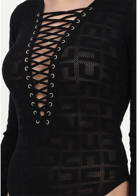 Elegant black women's body with labyrinth pattern in mesh stitch and neckline ELISABETTA FRANCHI | Body | BK44B31E2110