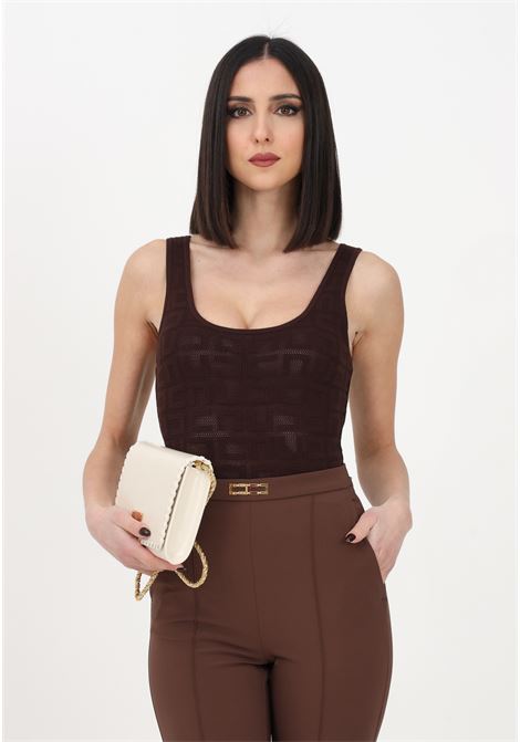 Elegant brown body for women with labyrinth pattern in net stitch ELISABETTA FRANCHI | Body | BK45B31E2D88