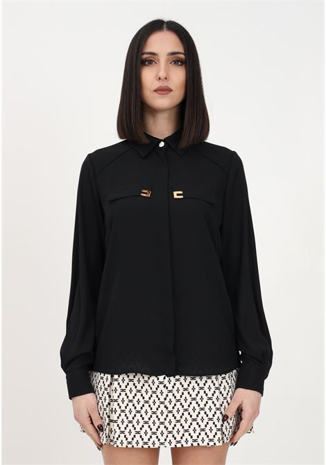 Camicia elegante nera da donna con placche logo al petto ELISABETTA FRANCHI | Camicie | CA01331E2110