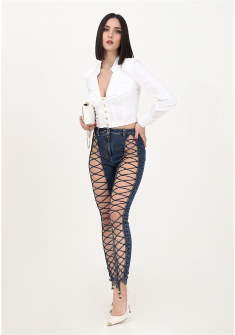 Women's denim jeans with open leg embellished with criss-cross laces ELISABETTA FRANCHI | Jeans | PJ93S31E2139