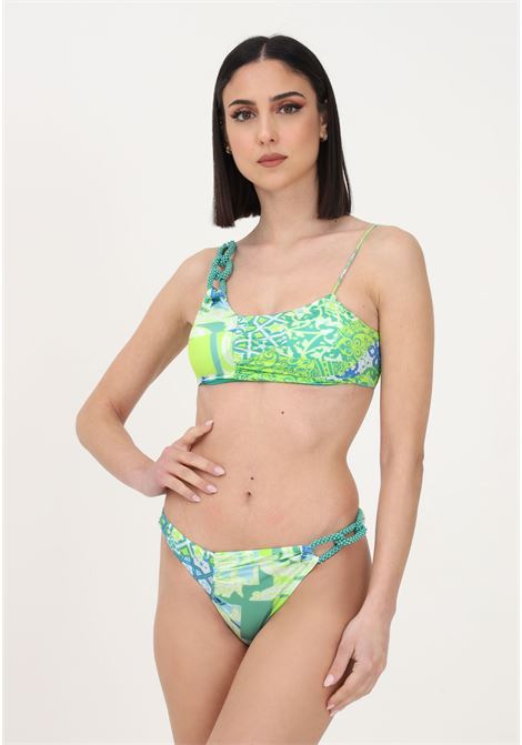 Bikini verde da donna con stampa all-over e dettaglio catena ricamata con perline F**K | Beachwear | FK23-0031X1.