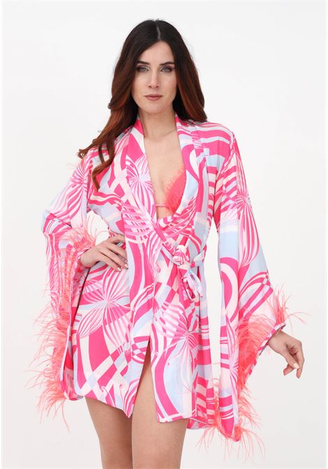 Kimono fuoriacqua multicolor da donna con piume ai polsi F**K | Fuoriacqua | FK23-0936X2.