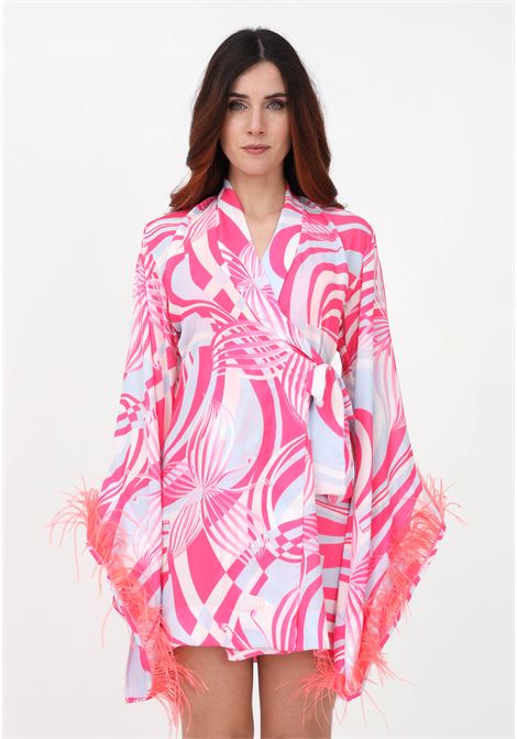 Kimono fuoriacqua multicolor da donna con piume ai polsi F**K | Fuoriacqua | FK23-0936X2.