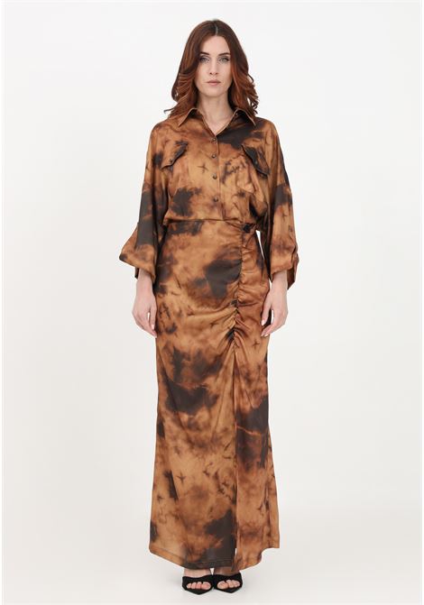 Women's long brown shirt dress with abstract pattern GAELLE | Dress | GBDP16331BEIGE SABBIA
