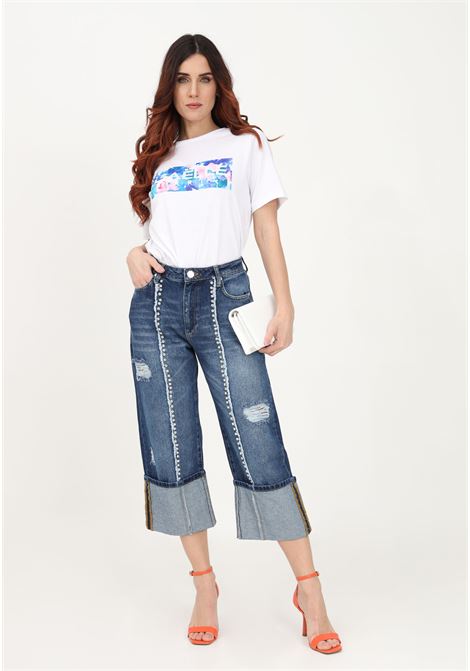 Women's dark denim crop jeans with rhinestones GAELLE | Jeans | GBDP17135BLU SCURO