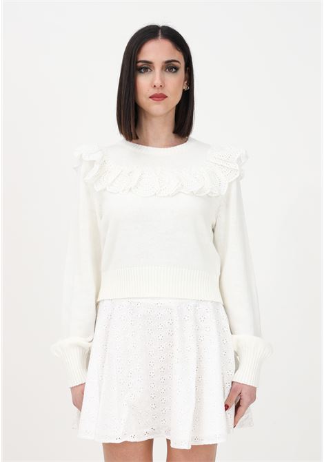 Women's white crew-neck sweater with broderie anglaise flounce GLAMOROUS | CK6967A11