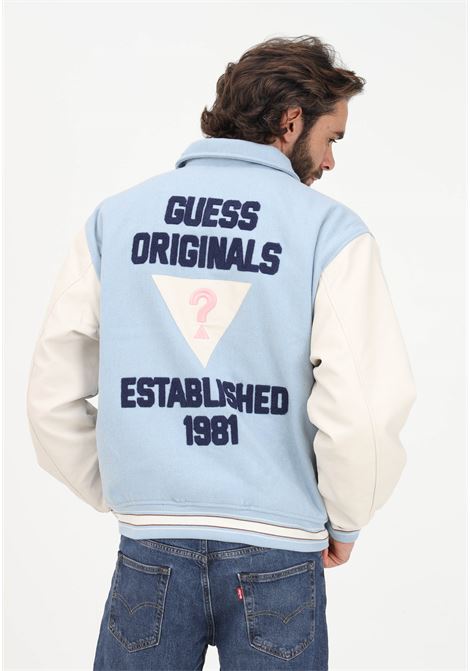 Light blue jacket for men with faux leather sleeves and logo on the back GUESS | M2RL33WEI00G7FZ