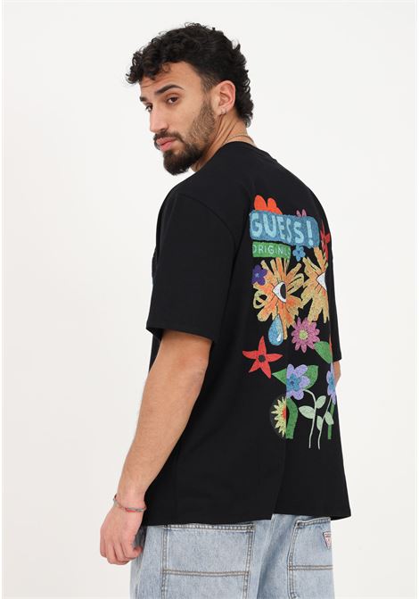 Men's black casual T-shirt with colorful floral print GUESS | T-shirt | M3GI65KBQN2JBLK