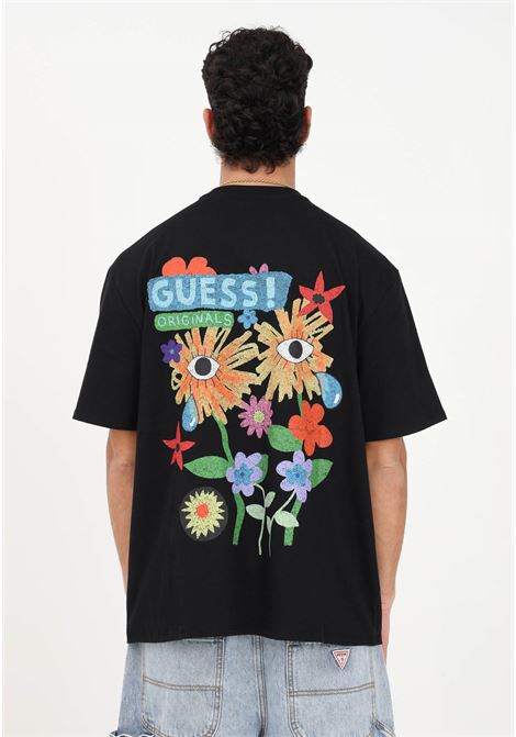 Men's black casual T-shirt with colorful floral print GUESS | T-shirt | M3GI65KBQN2JBLK