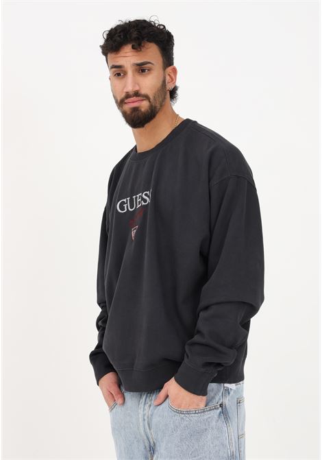 Black crewneck sweatshirt for men with logo embroidery GUESS | SM2BQ09K9YH1JTMU