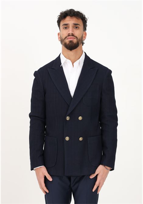 Elegant double-breasted blue jacket for men with herringbone motif I'M BRIAN | Blazer | GIA2440005